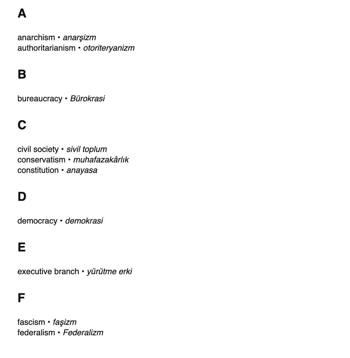 Political science terms in Turkish