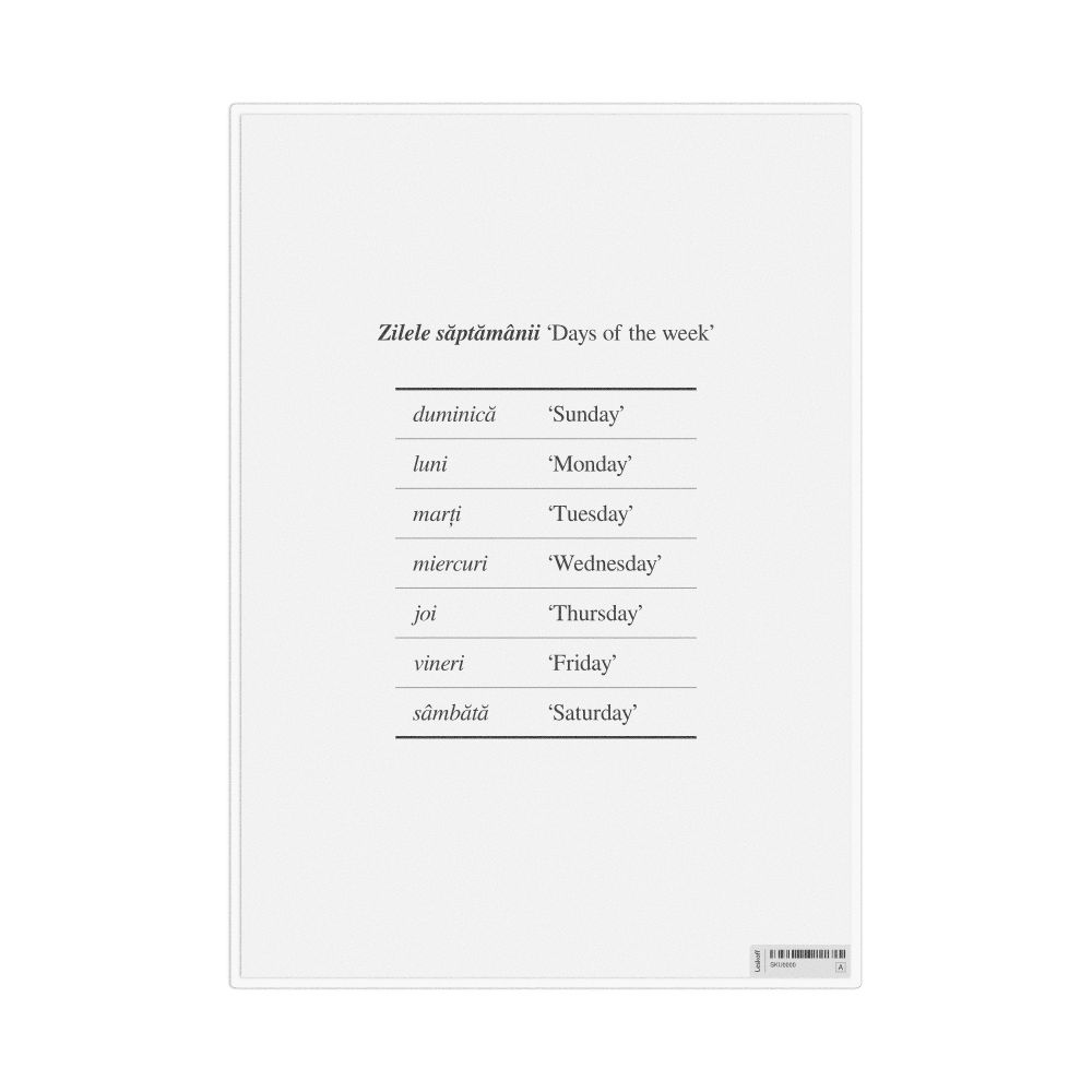 Leskoff Days of the Week in Romanian, Desk Chart, 8.3 x 11.7 in (21.0 x 29.7 cm), image 1 of 1
