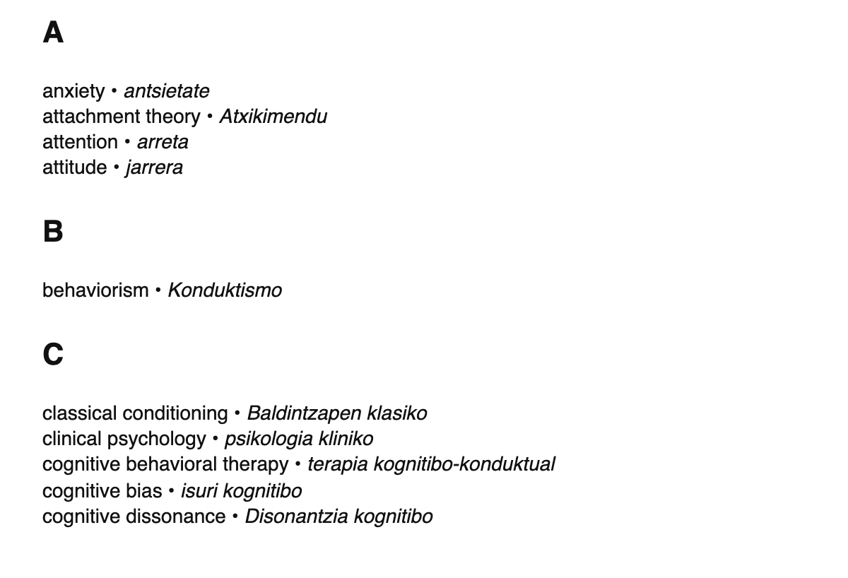 Psychology terms in Basque