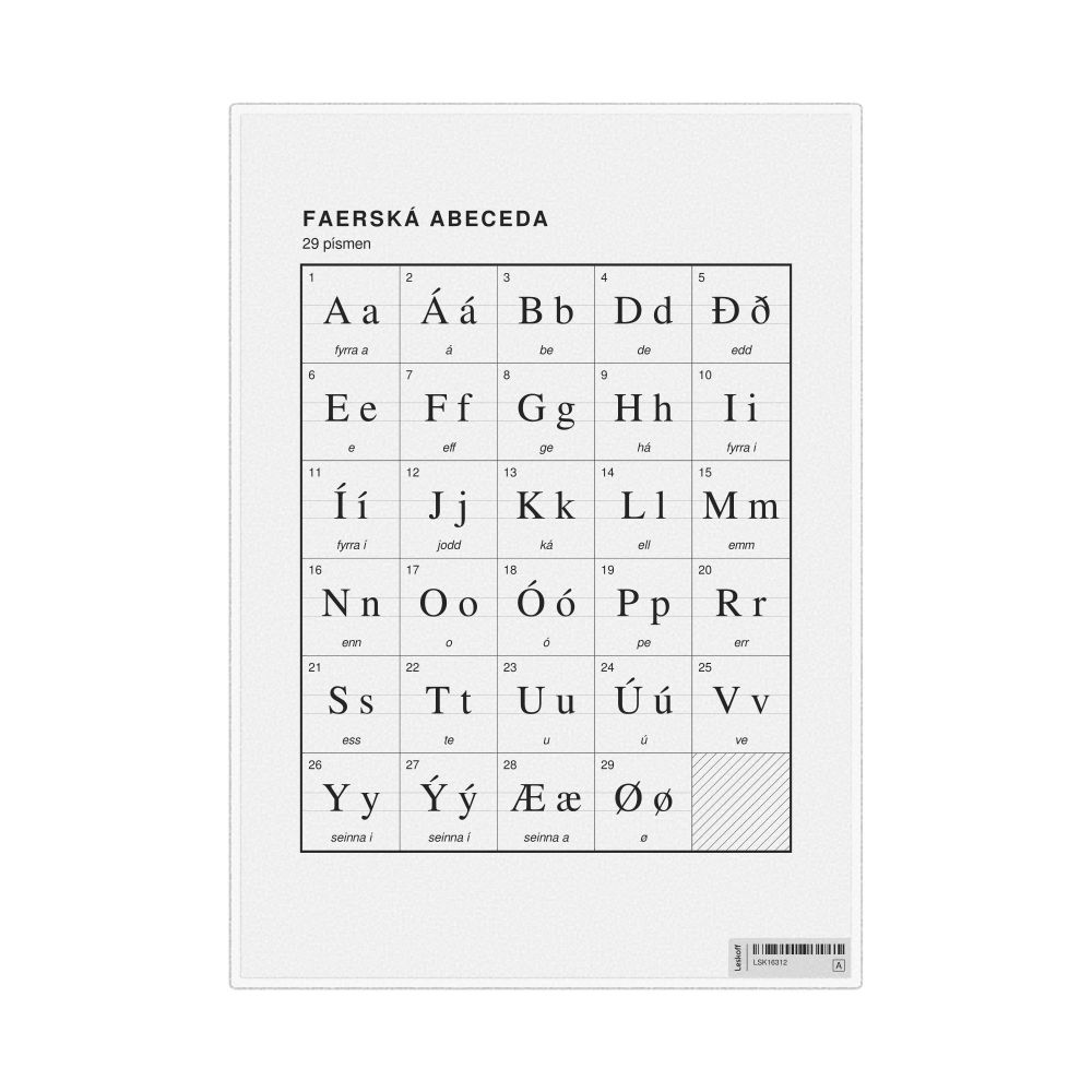 Leskoff Faroese Alphabet Chart, 8.3 x 11.7 in (21.0 x 29.7 cm, Desk Chart, Laminated), Czech-Labeled, image 1 of 2