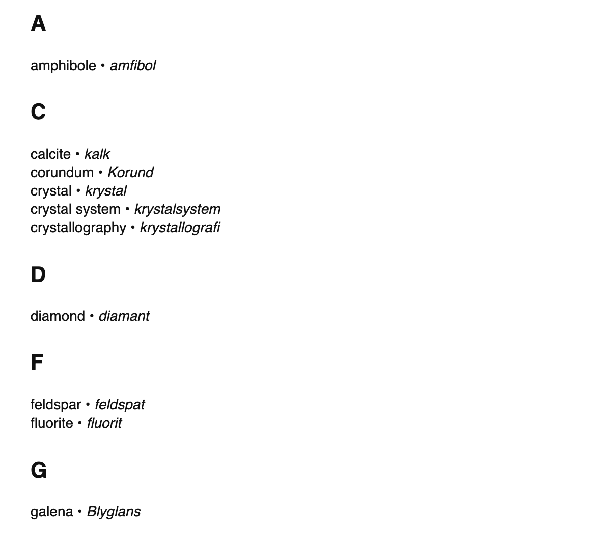 Mineralogy terms in Danish