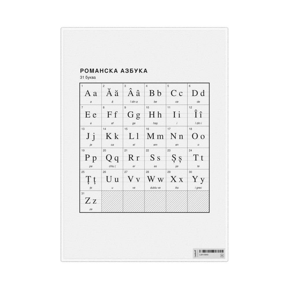 Leskoff Romanian Alphabet Chart, 8.3 x 11.7 in (21.0 x 29.7 cm, Desk Chart, Laminated), Macedonian-Labeled, image 1 of 2