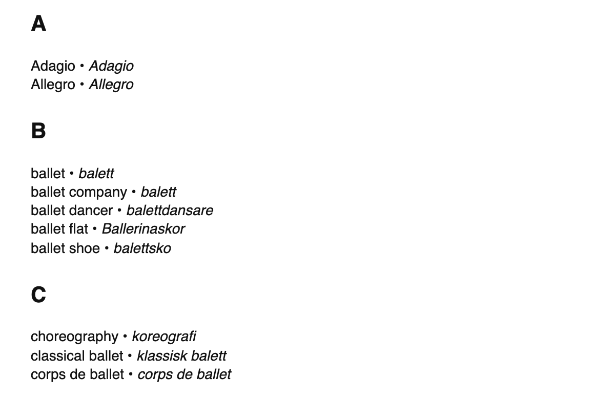 Ballet terms in Swedish