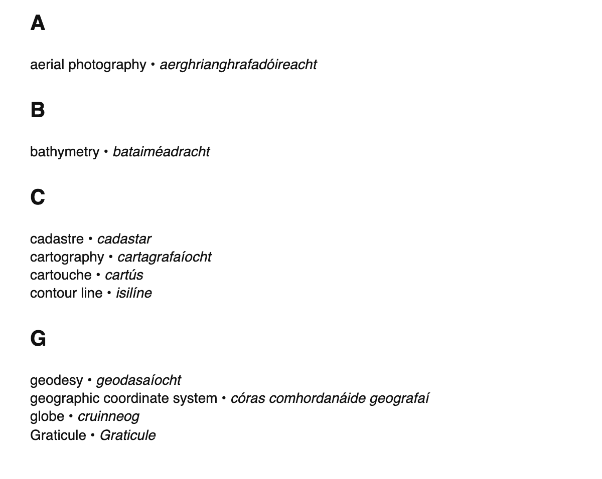 Cartography terms in Irish