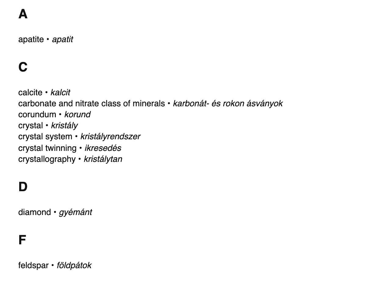 Mineralogy terms in Hungarian