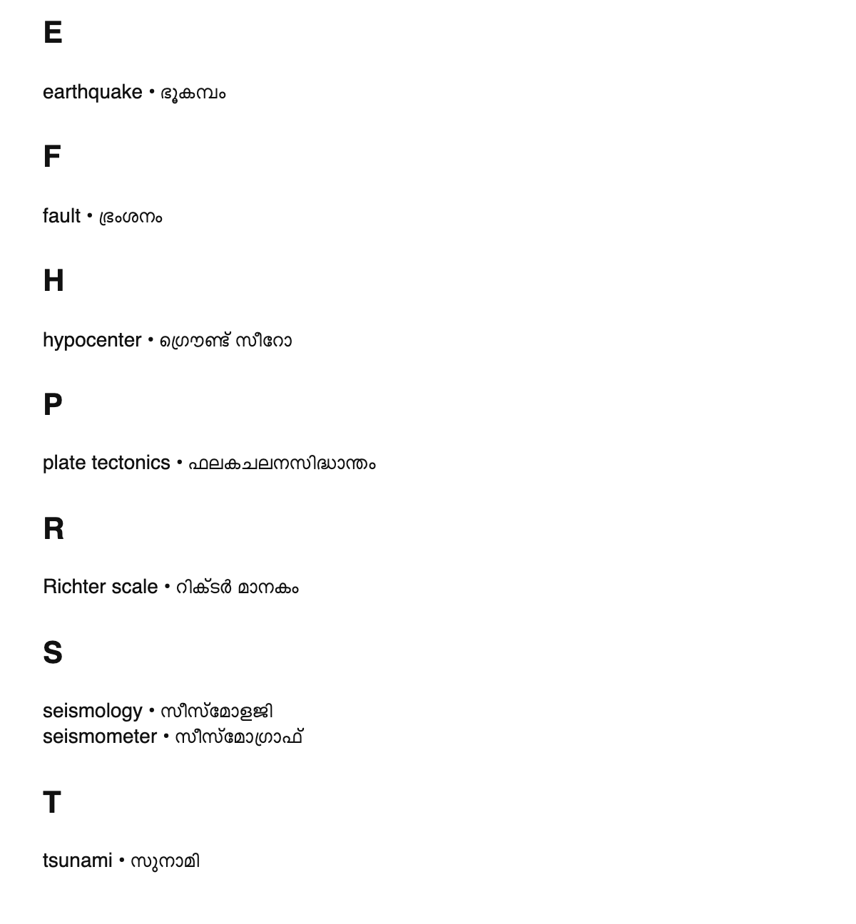 Seismology terms in Malayalam