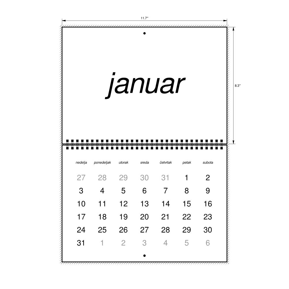 Leskoff 2027 Wall Calendar, Serbian (Latin)-Labeled, Sunday-Start Layout, Wire-Bound, 11.7 x 8.3 in (29.7 x 21.0 cm), image 2 of 2