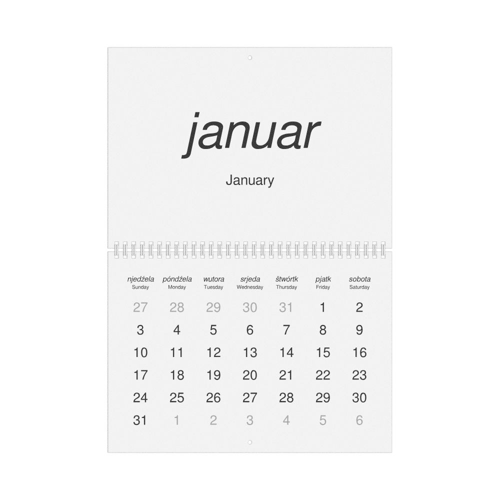 Leskoff 2027 Wall Calendar, Upper Sorbian/English-Labeled, Sunday-Start Layout, Wire-Bound, 11.7 x 8.3 in (29.7 x 21.0 cm), image 1 of 1