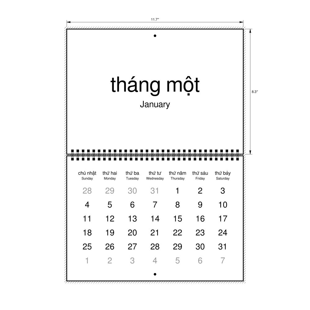 Leskoff 2026 Wall Calendar, Vietnamese/English-Labeled, Sunday-Start Layout, Wire-Bound, 11.7 x 8.3 in (29.7 x 21.0 cm), image 1 of 1