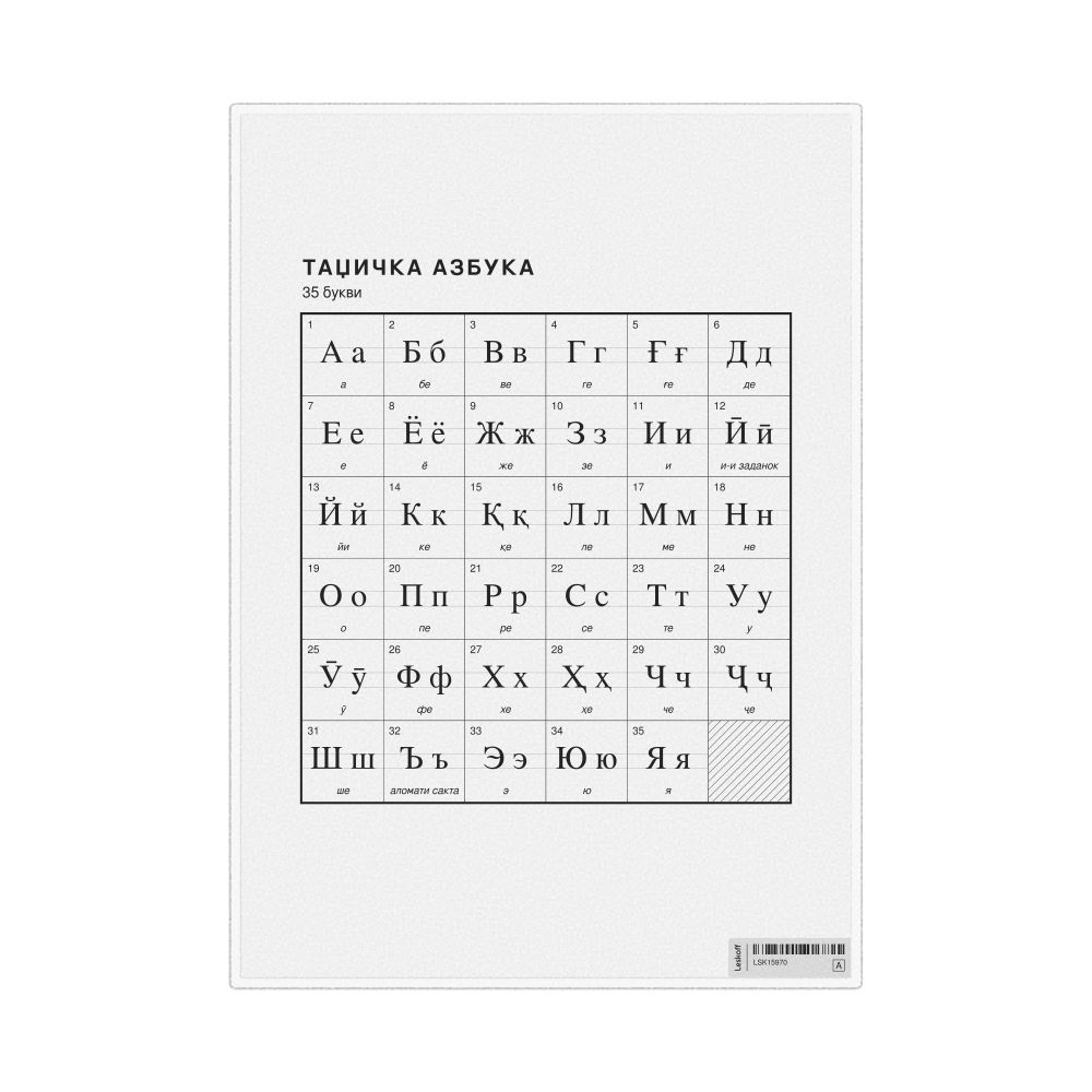Leskoff Tajik Alphabet Chart, 8.3 x 11.7 in (21.0 x 29.7 cm, Desk Chart, Laminated), Macedonian-Labeled, image 1 of 2