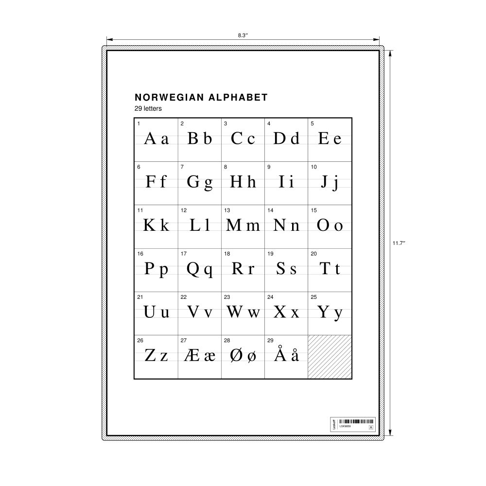 Leskoff Norwegian Alphabet Chart, 8.3 x 11.7 in (21.0 x 29.7 cm, Desk Chart, Laminated), image 1 of 2