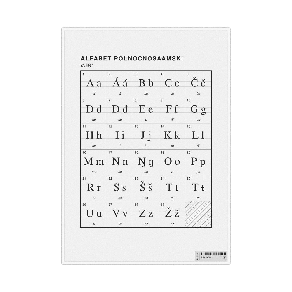 Leskoff Northern Sámi Alphabet Chart, 8.3 x 11.7 in (21.0 x 29.7 cm, Desk Chart, Laminated), Polish-Labeled, image 1 of 2