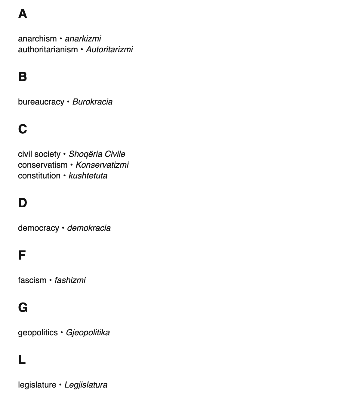 Political science terms in Albanian