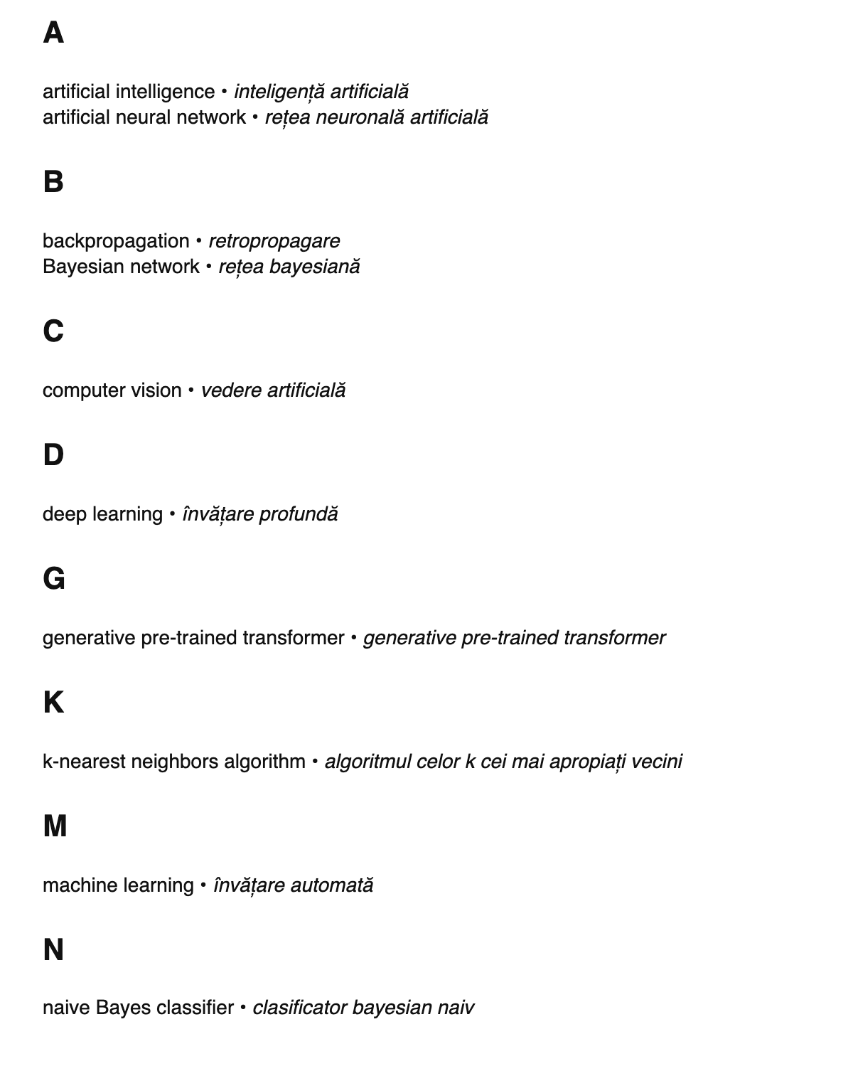 AI/ML terms in Romanian