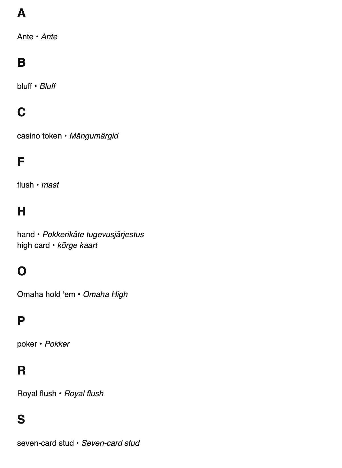 Poker terms in Estonian