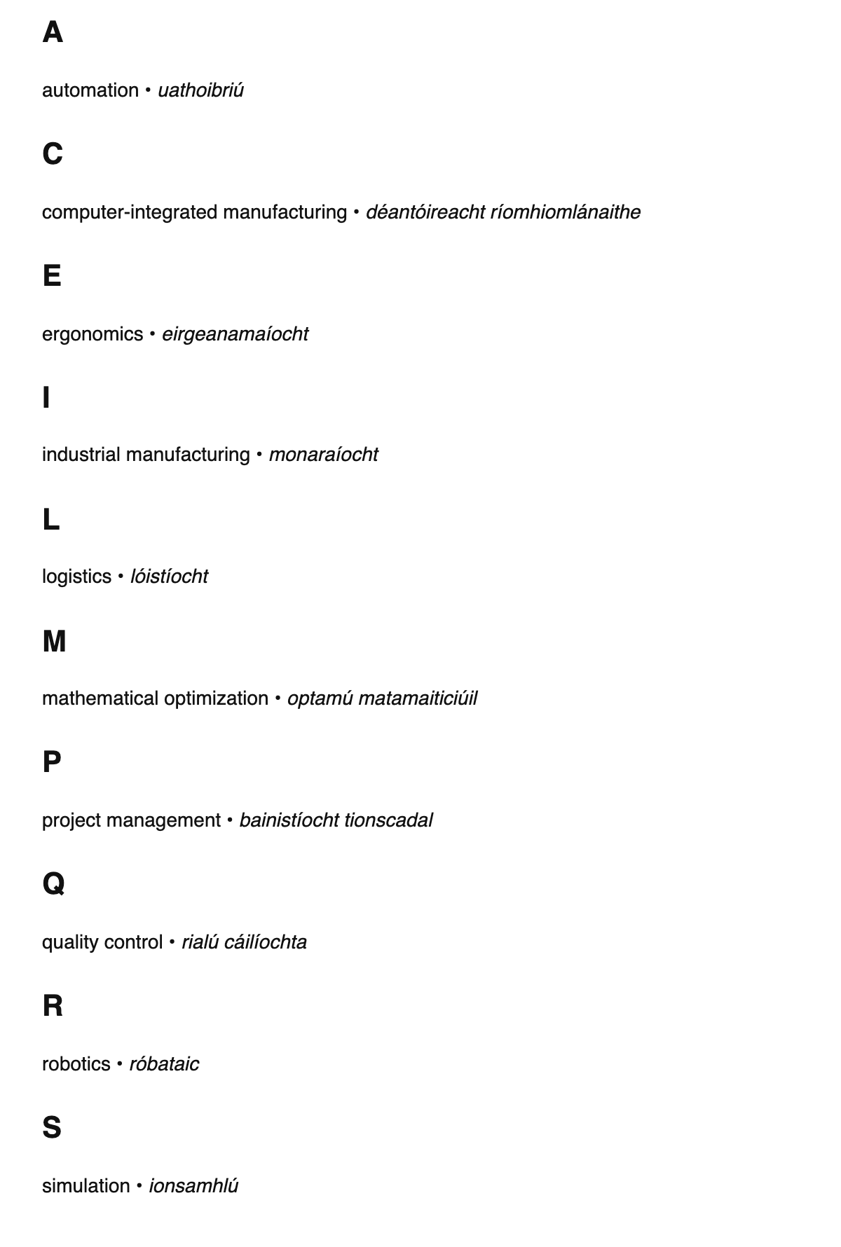 Industrial engineering terms in Irish