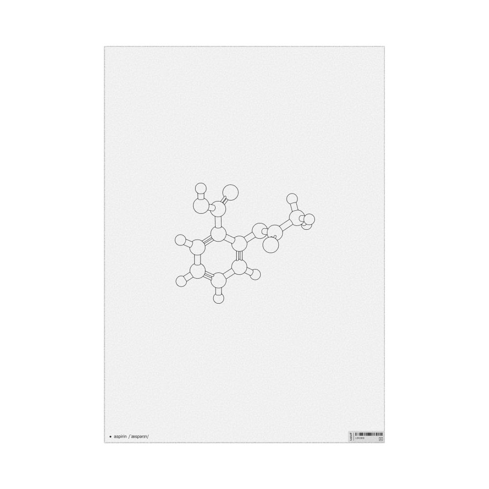 Leskoff Aspirin Molecule Poster, Ball-and-Stick Model, Stylized, English-Labeled with IPA, image 1 of 1