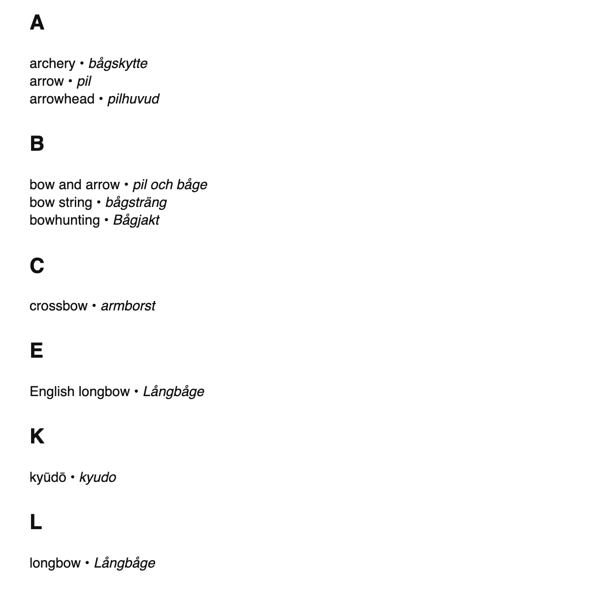 Archery terms in Swedish