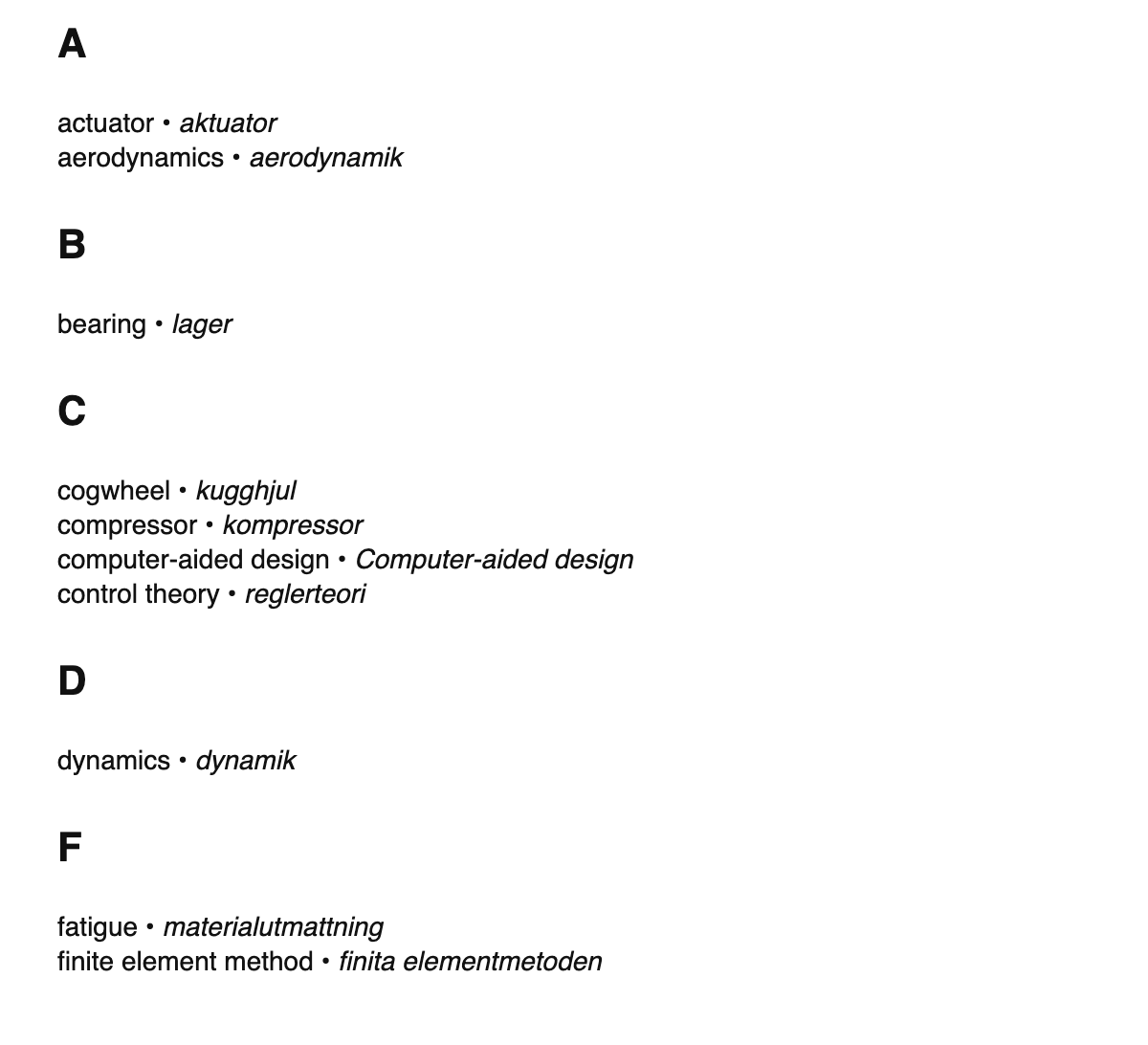 Mechanical engineering terms in Swedish
