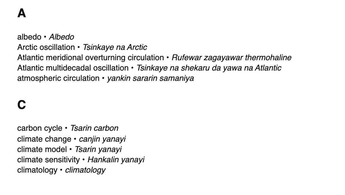 Climatology terms in Hausa