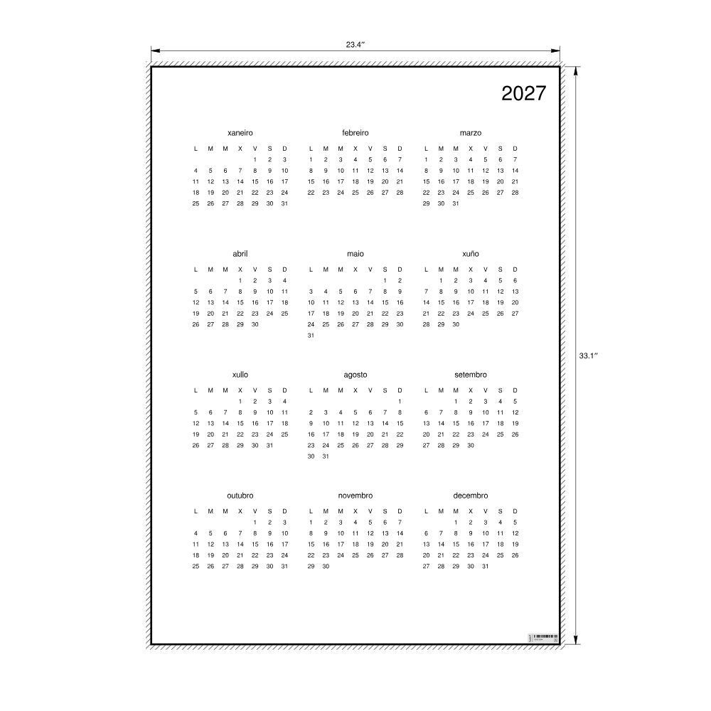 Leskoff 2027 Wall Calendar, Galician-Labeled, Monday-Start Layout, Poster / Wall Print, 23.4 x 33.1 in (59.4 x 84.1 cm), image 2 of 2