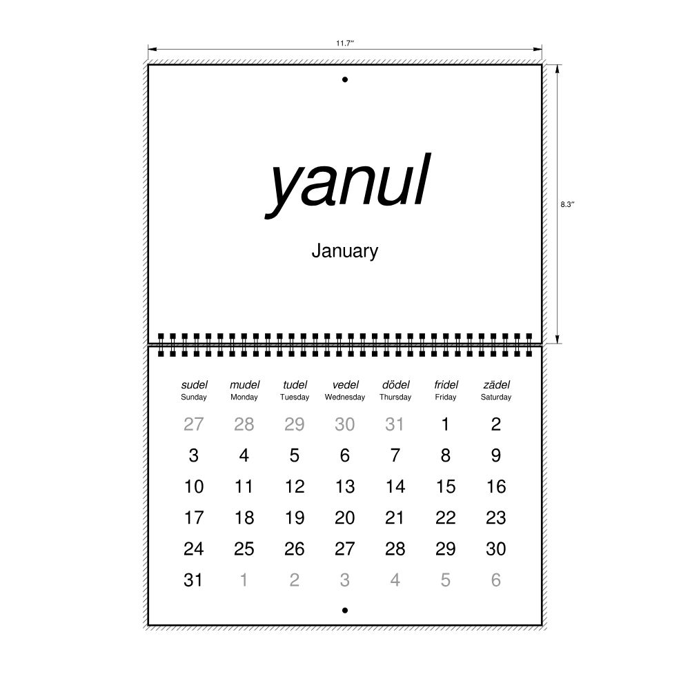Leskoff 2027 Wall Calendar, Volapük/English-Labeled, Sunday-Start Layout, Wire-Bound, 11.7 x 8.3 in (29.7 x 21.0 cm), image 2 of 2