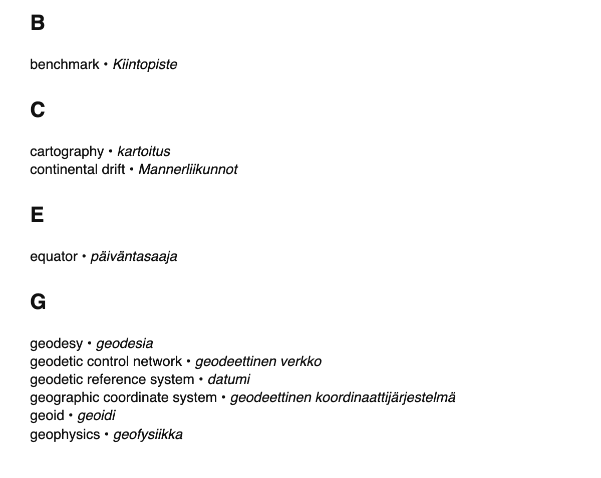 Geodesy terms in Finnish