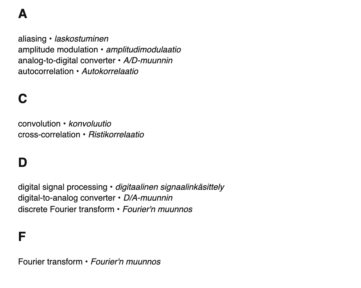 Digital signal processing terms in Finnish
