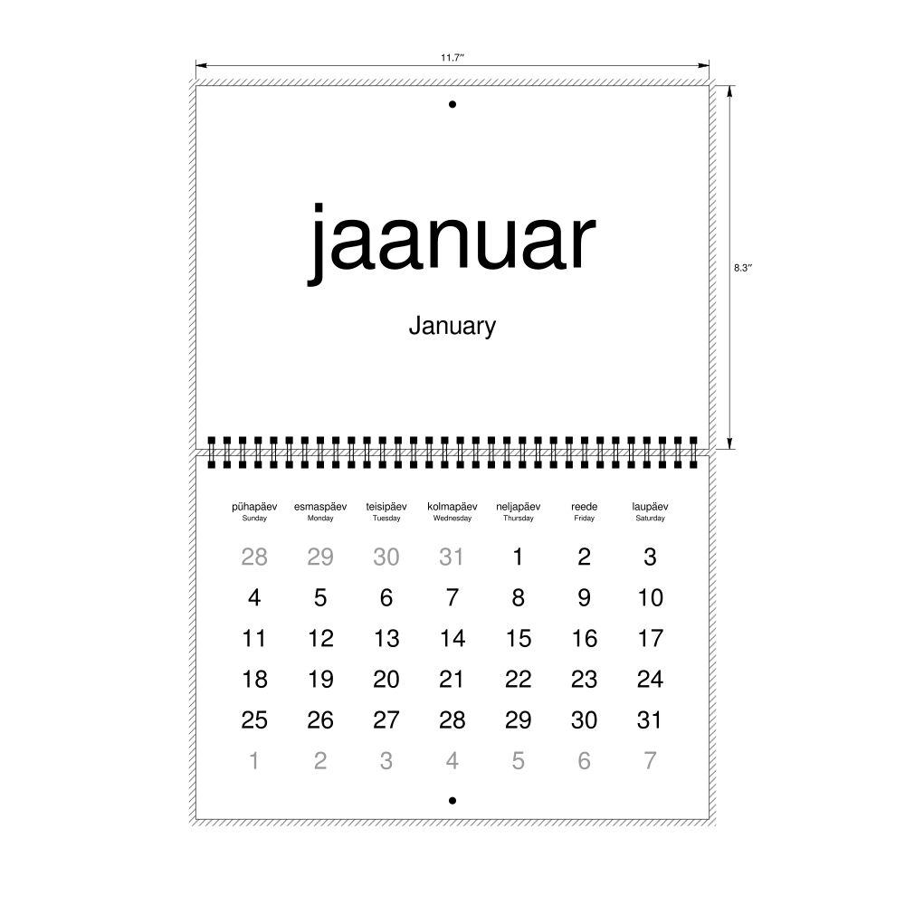Leskoff 2026 Wall Calendar, Estonian/English-Labeled, Sunday-Start Layout, Wire-Bound, 11.7 x 8.3 in (29.7 x 21.0 cm), image 2 of 2