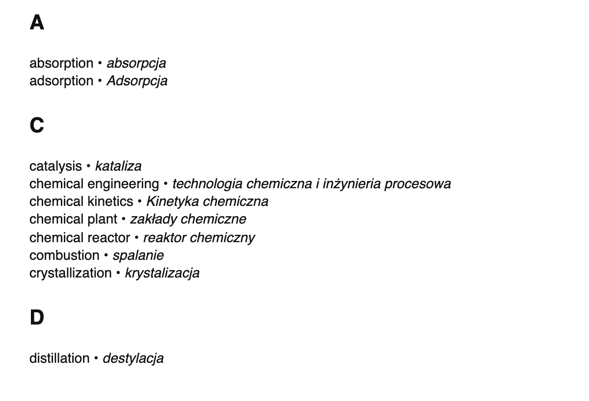 Chemical engineering terms in Polish