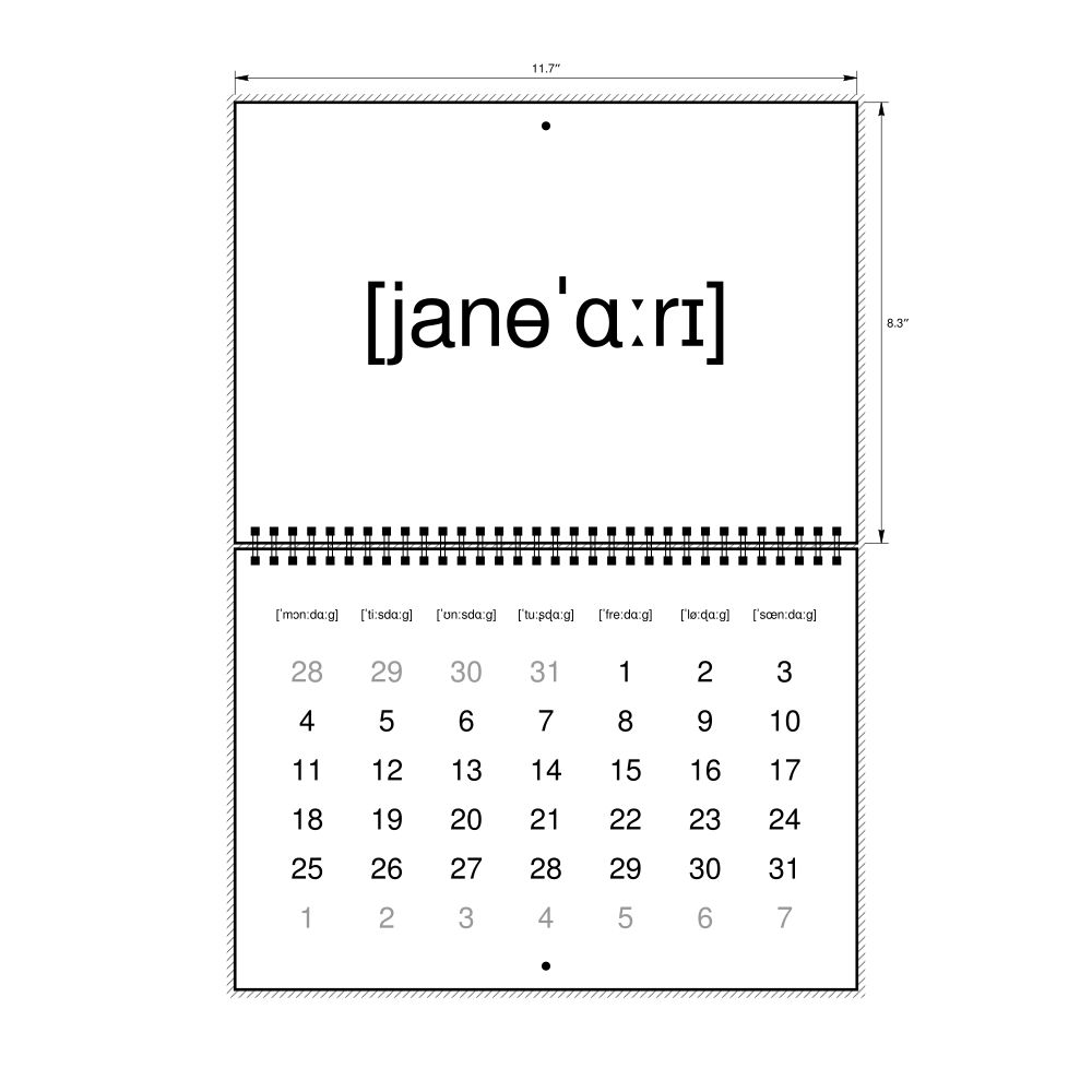 Leskoff 2027 Phonetic Wall Calendar, IPA-Labeled (Swedish), Monday-Start Layout, Wire-Bound, 11.7 x 8.3 in (29.7 x 21.0 cm), image 1 of 1