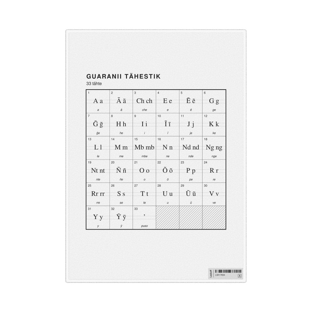 Leskoff Guarani Alphabet Chart, 8.3 x 11.7 in (21.0 x 29.7 cm, Desk Chart, Laminated), Estonian-Labeled, image 1 of 2