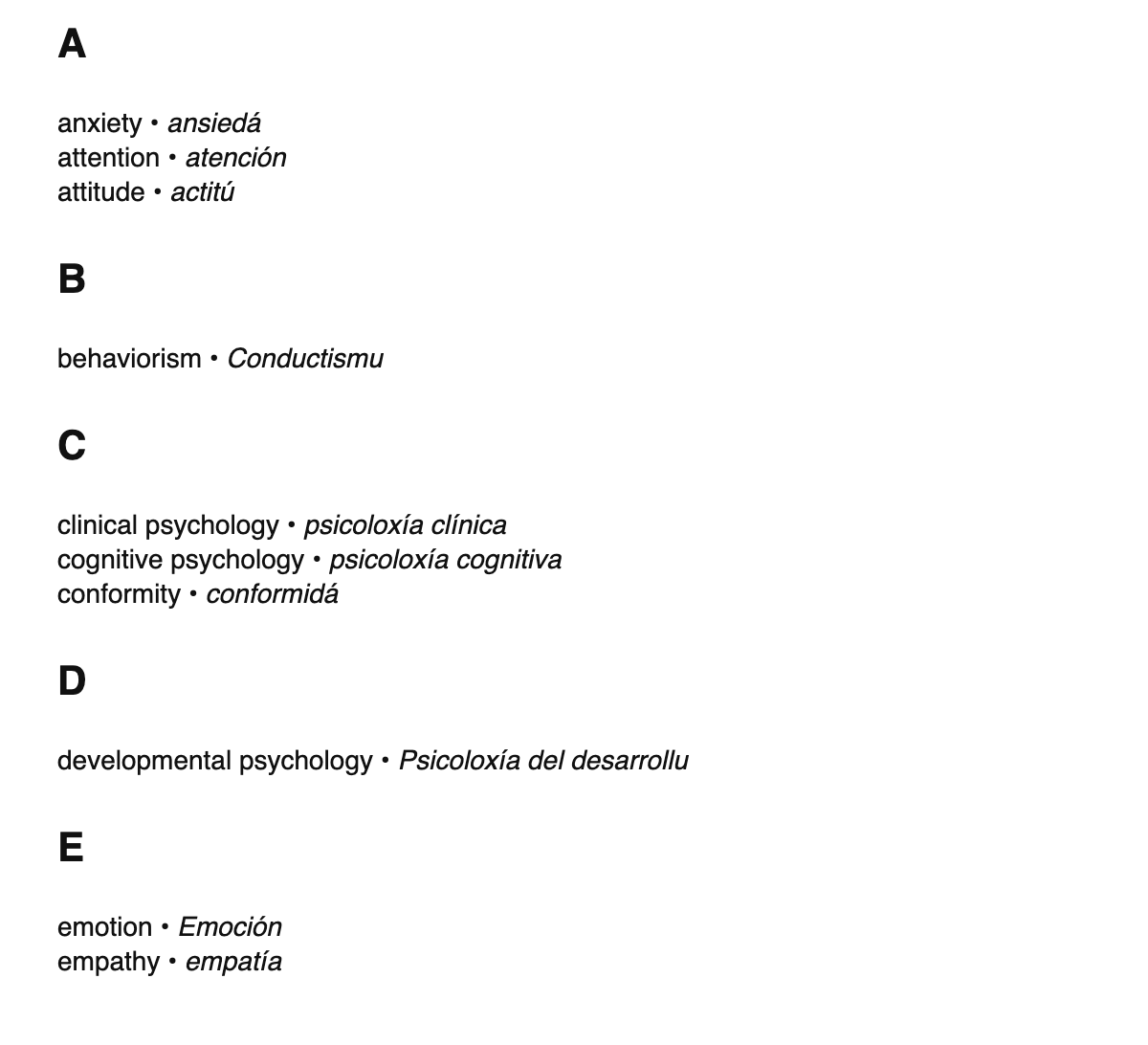 Psychology terms in Asturian