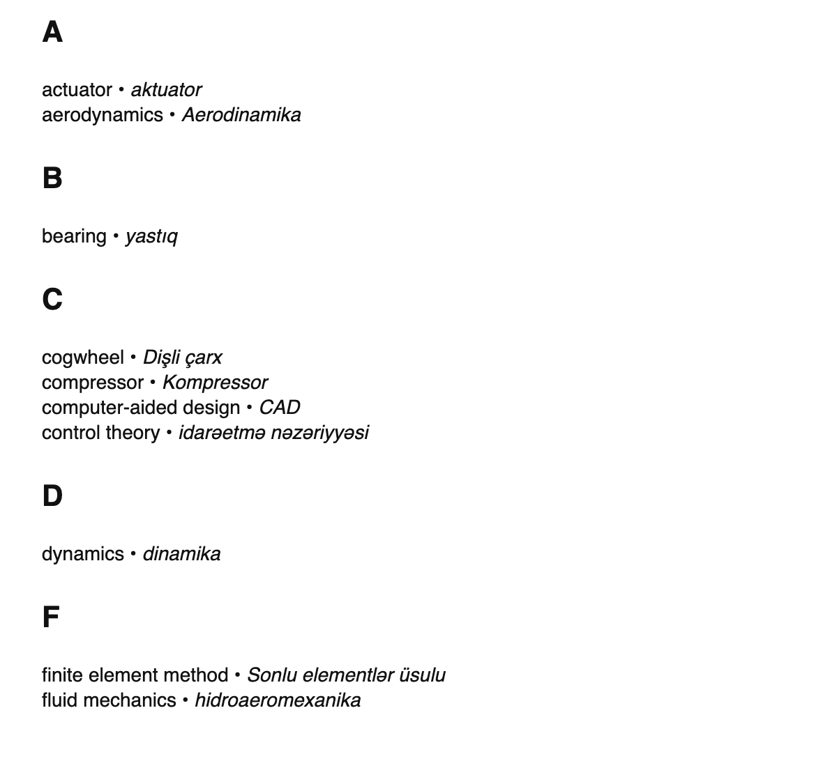 Mechanical engineering terms in Azerbaijani