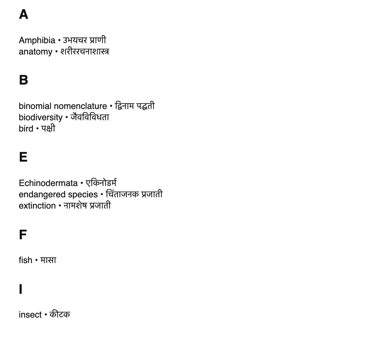 Zoology terms in Marathi