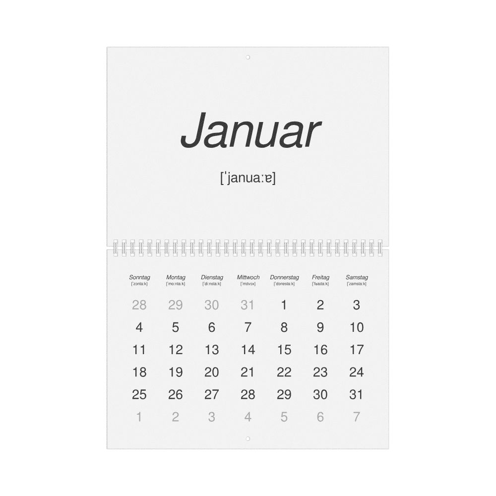 Leskoff 2026 Phonetic Wall Calendar, German-Labeled with IPA, Sunday-Start Layout, Wire-Bound, 11.7 x 8.3 in (29.7 x 21.0 cm), image 1 of 1