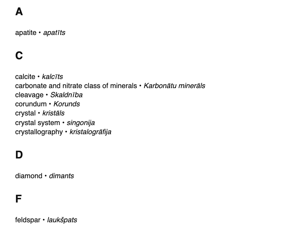 Mineralogy terms in Latvian