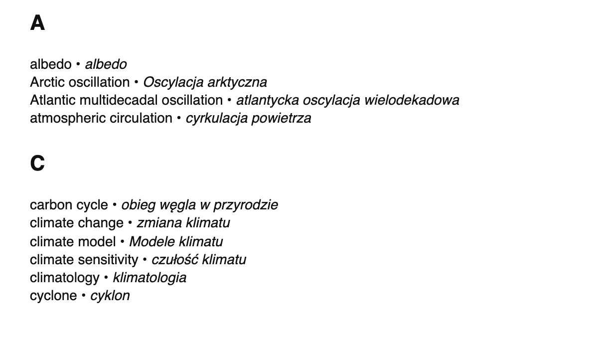 Climatology terms in Polish