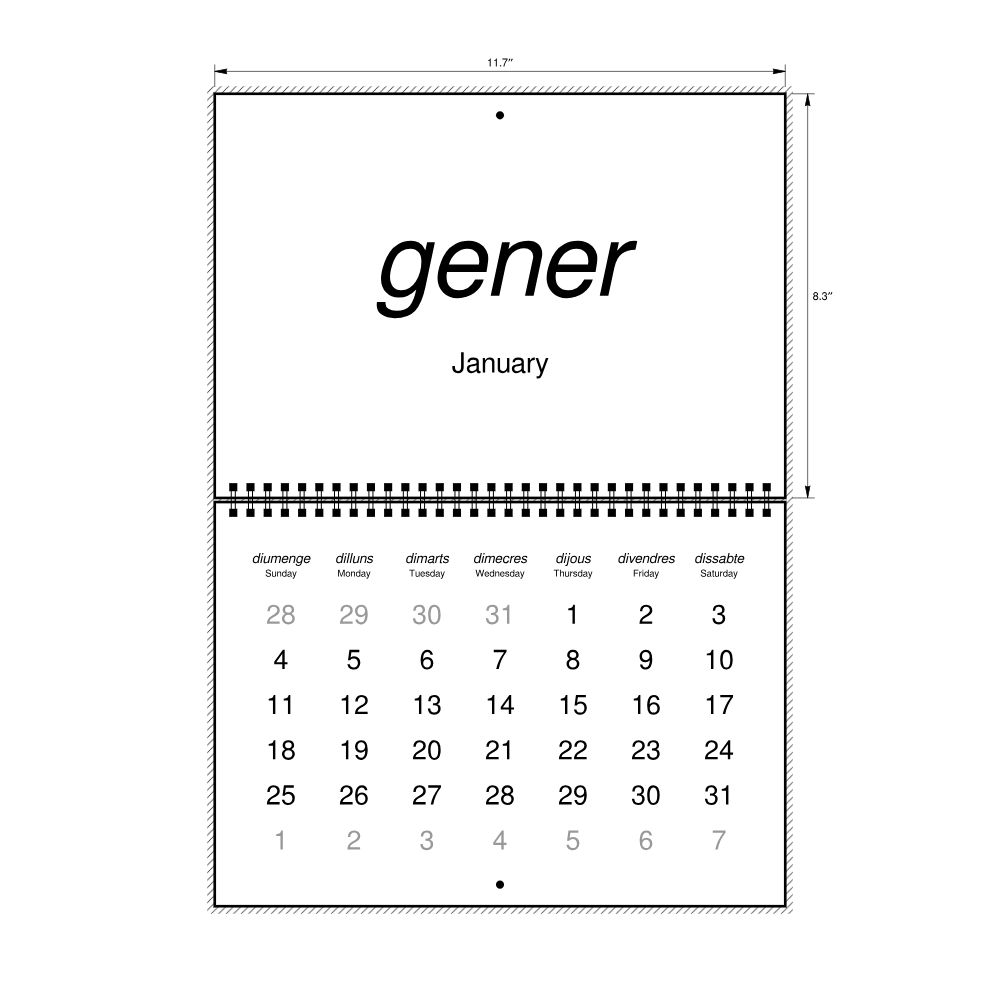 Leskoff 2026 Wall Calendar, Catalan/English-Labeled, Sunday-Start Layout, Wire-Bound, 11.7 x 8.3 in (29.7 x 21.0 cm), image 2 of 2