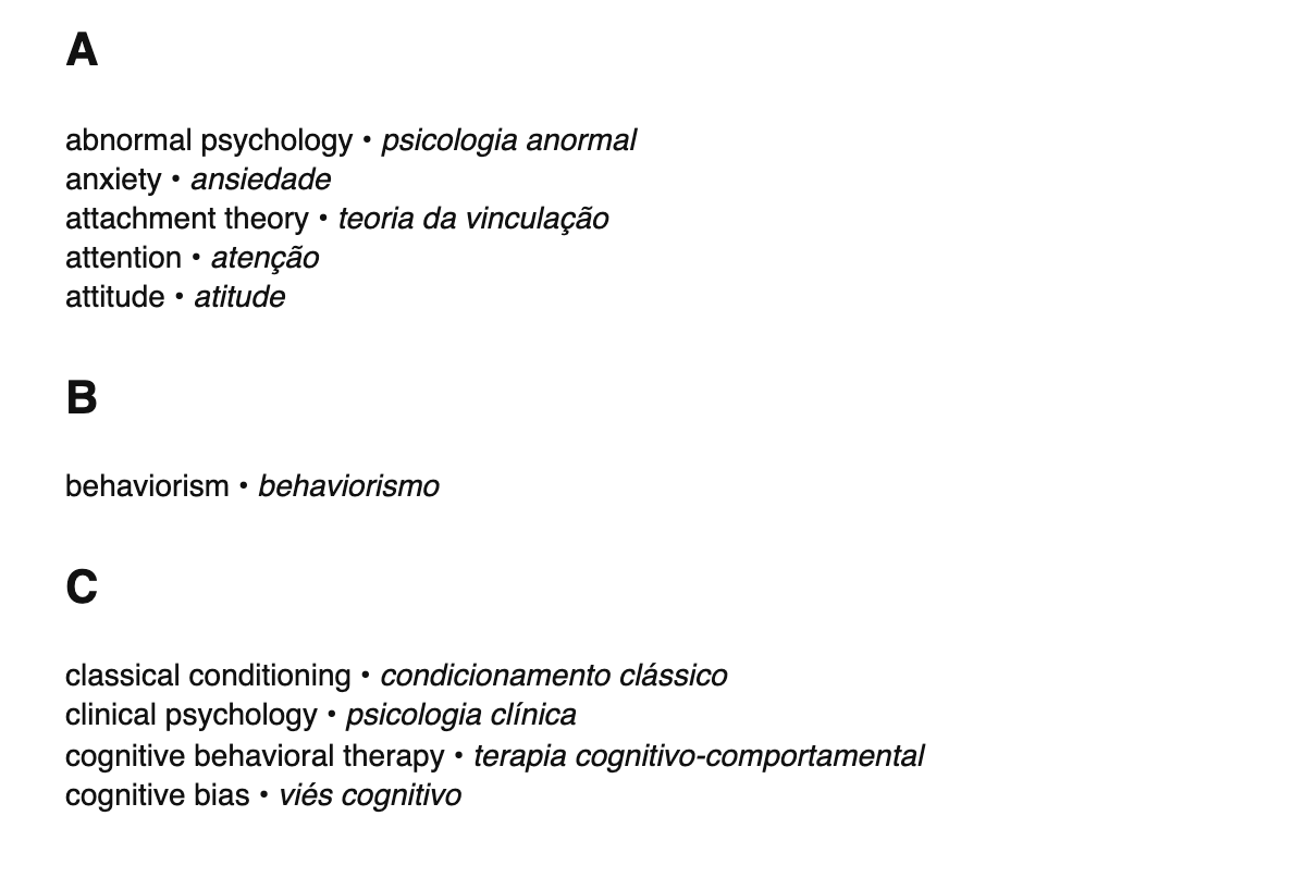 Psychology terms in Portuguese