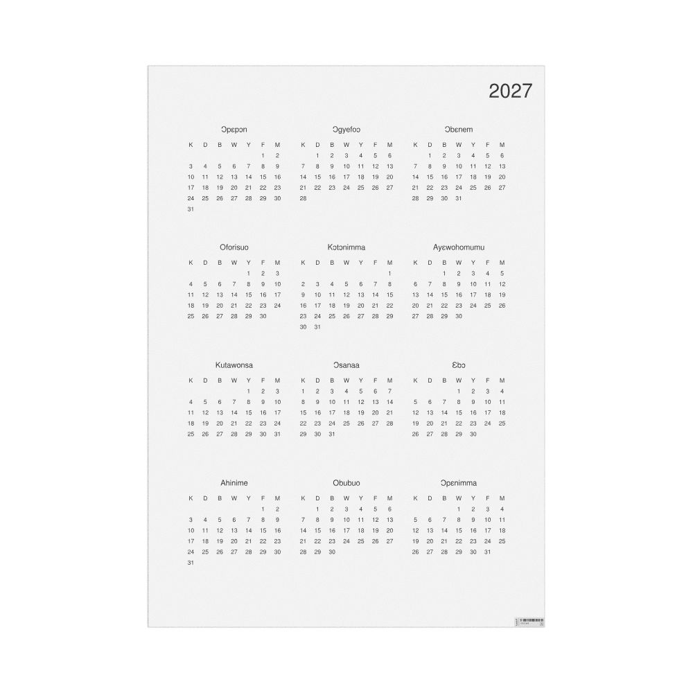 Leskoff 2027 Wall Calendar, Akan-Labeled, Sunday-Start Layout, Poster / Wall Print, 23.4 x 33.1 in (59.4 x 84.1 cm), image 1 of 1
