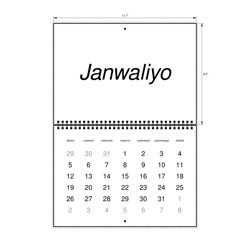 Leskoff 2026 Wall Calendar, Luganda-Labeled, Monday-Start Layout, Wire-Bound, 11.7 x 8.3 in (29.7 x 21.0 cm), image 2 of 2