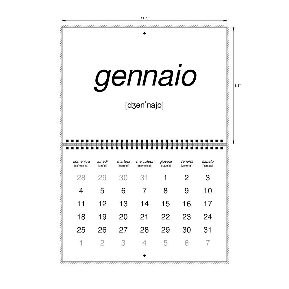 Leskoff 2026 Phonetic Wall Calendar, Italian-Labeled with IPA, Sunday-Start Layout, Wire-Bound, 11.7 x 8.3 in (29.7 x 21.0 cm), image 2 of 2
