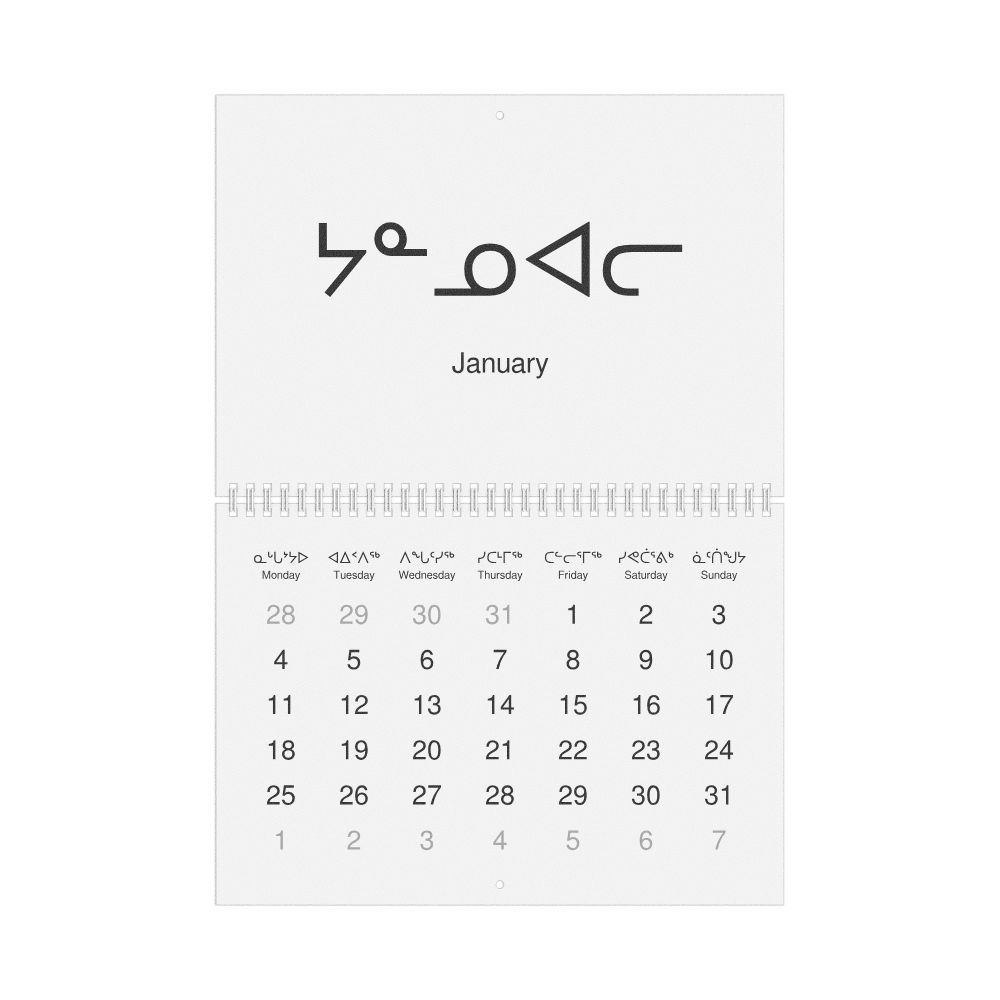 Leskoff 2027 Wall Calendar, Inuktitut/English-Labeled, Monday-Start Layout, Wire-Bound, 11.7 x 8.3 in (29.7 x 21.0 cm), image 1 of 1