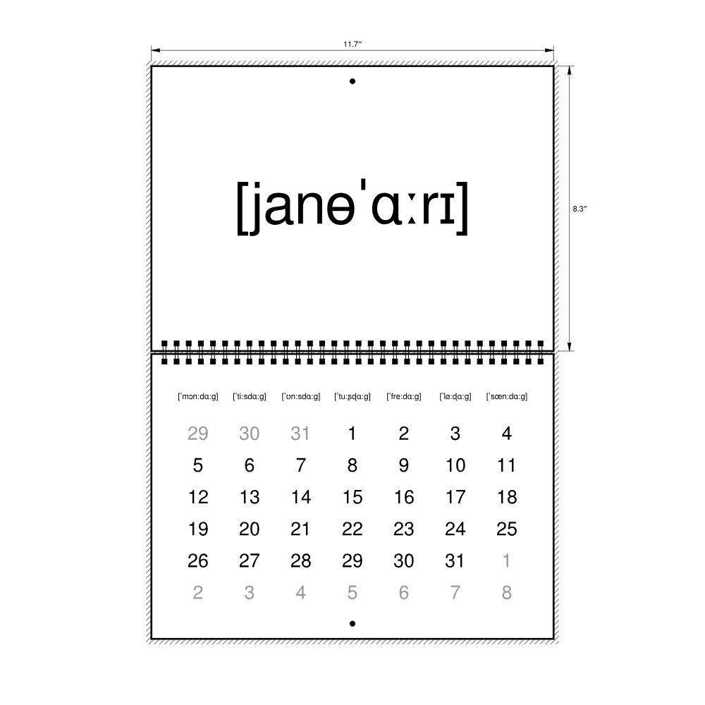 Leskoff 2026 Phonetic Wall Calendar, IPA-Labeled (Swedish), Monday-Start Layout, Wire-Bound, 11.7 x 8.3 in (29.7 x 21.0 cm), image 2 of 2