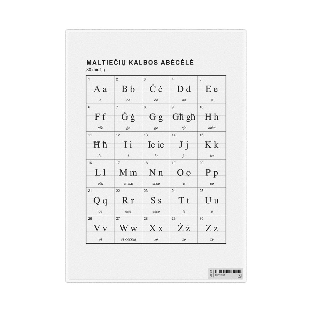Leskoff Maltese Alphabet Chart, 8.3 x 11.7 in (21.0 x 29.7 cm, Desk Chart, Laminated), Lithuanian-Labeled, image 1 of 2