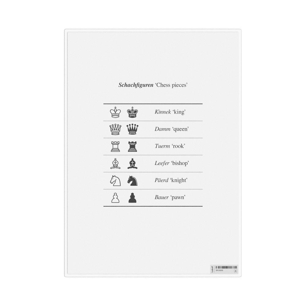 Leskoff Chess Pieces in Luxembourgish, Desk Chart, 8.3 x 11.7 in (21.0 x 29.7 cm), image 1 of 1