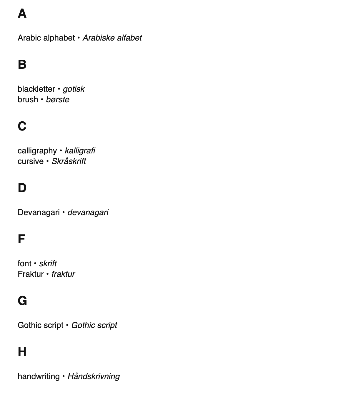 Calligraphy terms in Danish