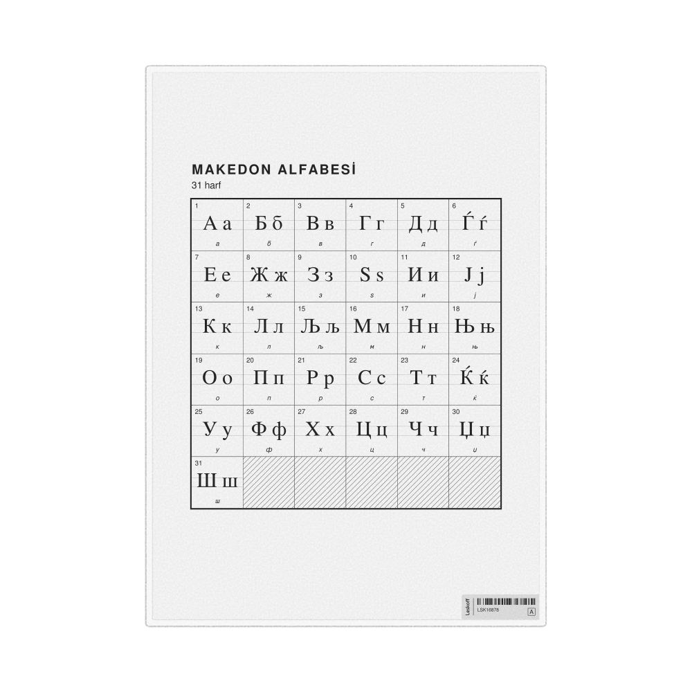 Leskoff Macedonian Alphabet Chart, 8.3 x 11.7 in (21.0 x 29.7 cm, Desk Chart, Laminated), Turkish-Labeled, image 1 of 2
