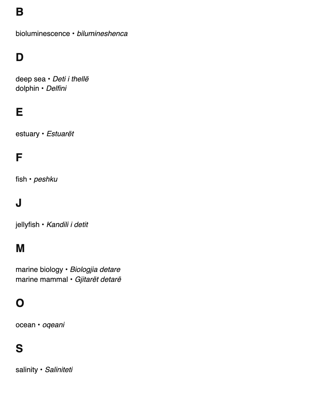 Marine biology terms in Albanian